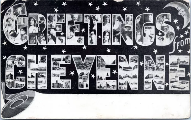 Large Letter Greetings, Cheyenne, Wyoming - d/b Postcard - Stars, Moon - 1910