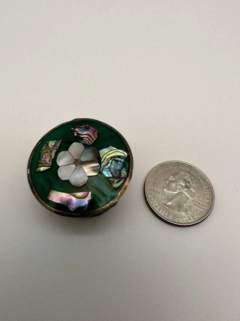 Vintage pill box Hinged  Abalone Inlay Mexico Alpaca Safety Clasp