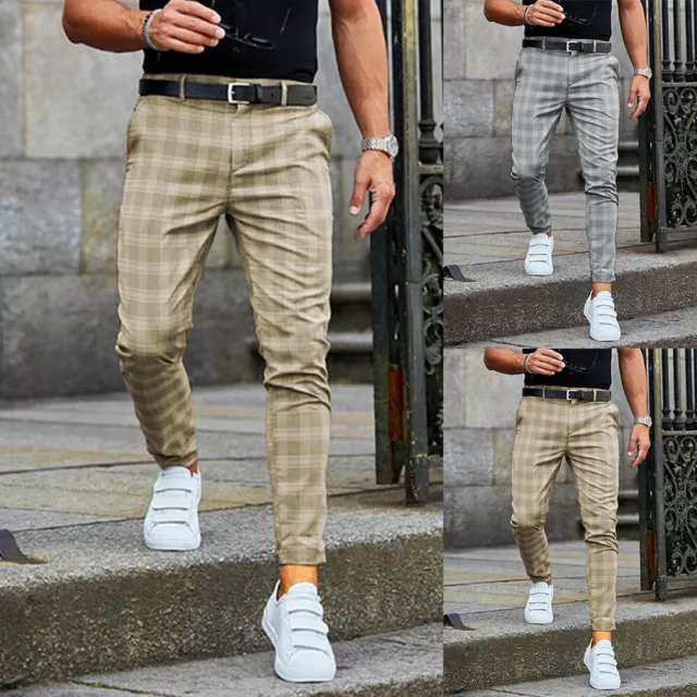 Mens Skinny Plaid Pencil Pants Stretch Casual Work Pants Zipper Slim Trousers