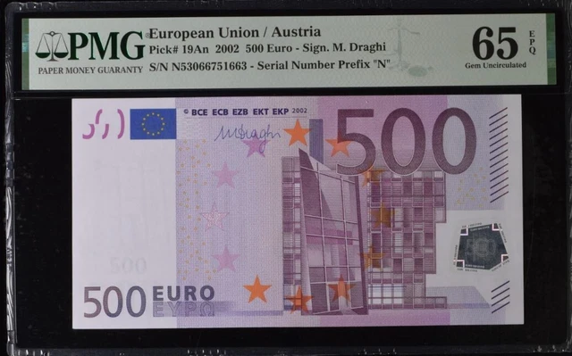 GEM UNC 500 Euro Austria European 2002 Draghi P-19an PMG 65 EPQ N53066751663 GEM UNC 500 Euro Austria European 2002 Draghi P-19an PMG 65 EPQ N53066751663