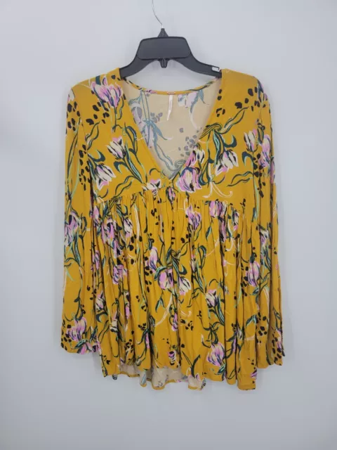 Free People Top Womens Small Yellow Floral Flowy Long Sleeve Boho Peasant Tunic