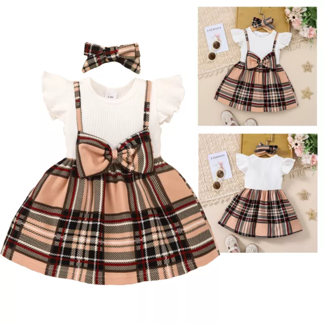 Newborn Baby Girl Ruffled Plaid Romper Tops Suspender Dress Outfit Set Clothes