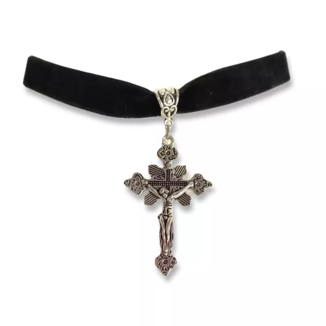 Silver Cross jesus choker necklace black velvet ribbon gift goth crucifix rosary