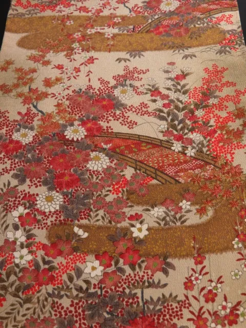 3B03z100 Japanese Kimono Crepe Silk  FABRIC Ecru beige Garden 63"