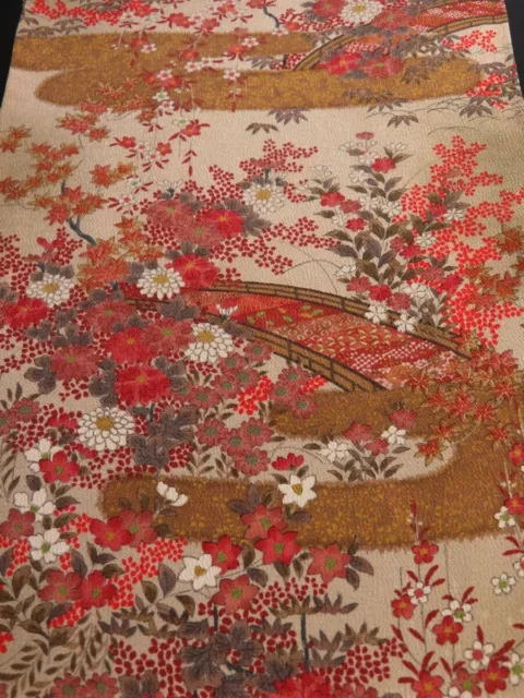 3B06z100 Japanese Kimono Crepe Silk  FABRIC Ecru beige Garden 63"