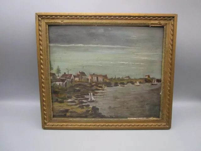 Huile sur panneau ancienne- paysage de bord de mer