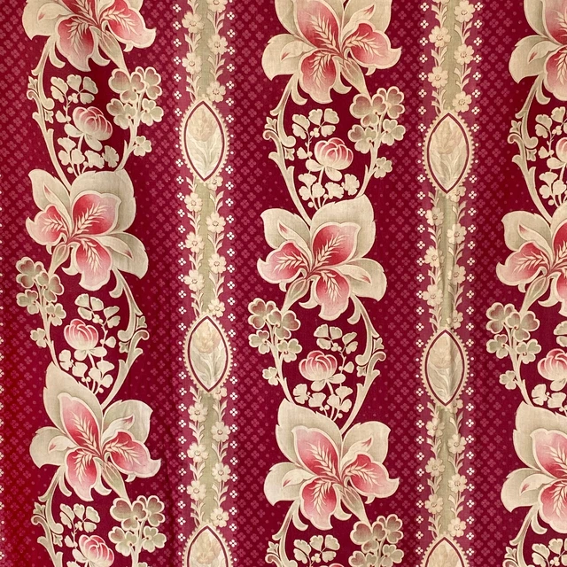 Burgundy red Art Nouveau cotton fabric material iris floral print farmhouse cot
