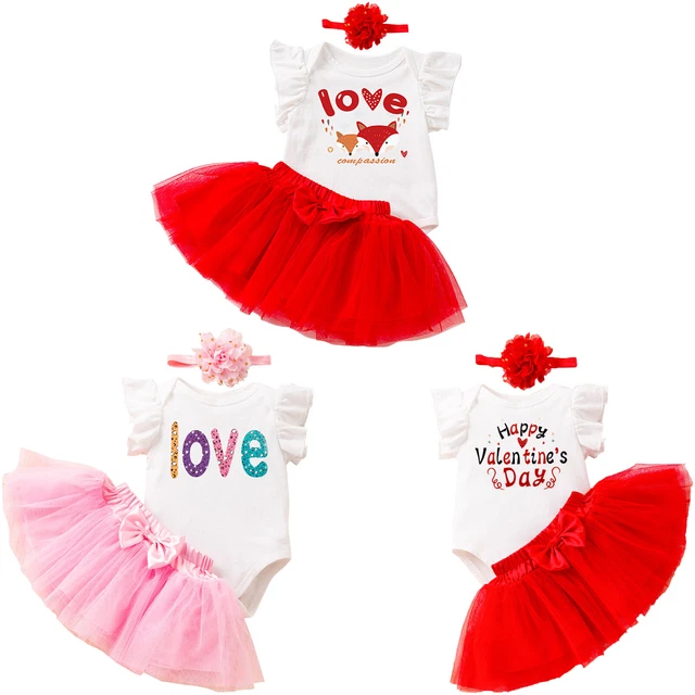 Valentine's Day Outfit Baby Girls Romper Tutu Skirt Headband Set Princess Party