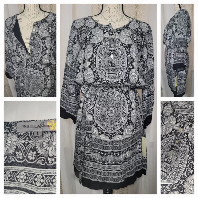 Figueroa & Flower Anthropologie Large Dress Black White Print Boho 3/4 Sleeve