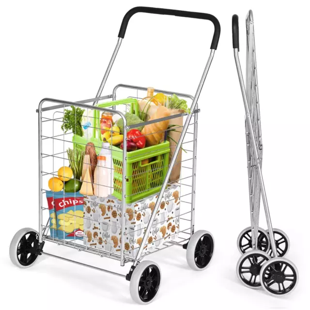 Folding Shopping Cart Utility Trolley Grocery Cart Wheels Silver Basket Storage