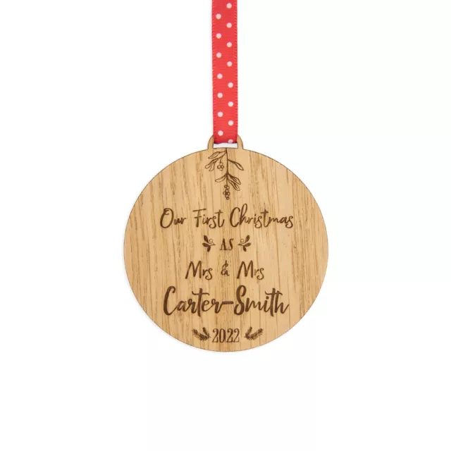 Personalised our first Christmas couples Mr Mrs married bauble decoration wooden