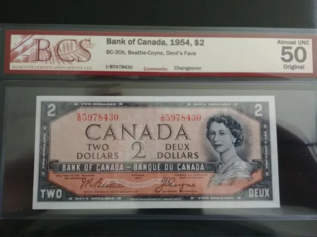 1954 $2 Canada Devil's Face BCS AU50 Changeover I/B5978430 BC-30b