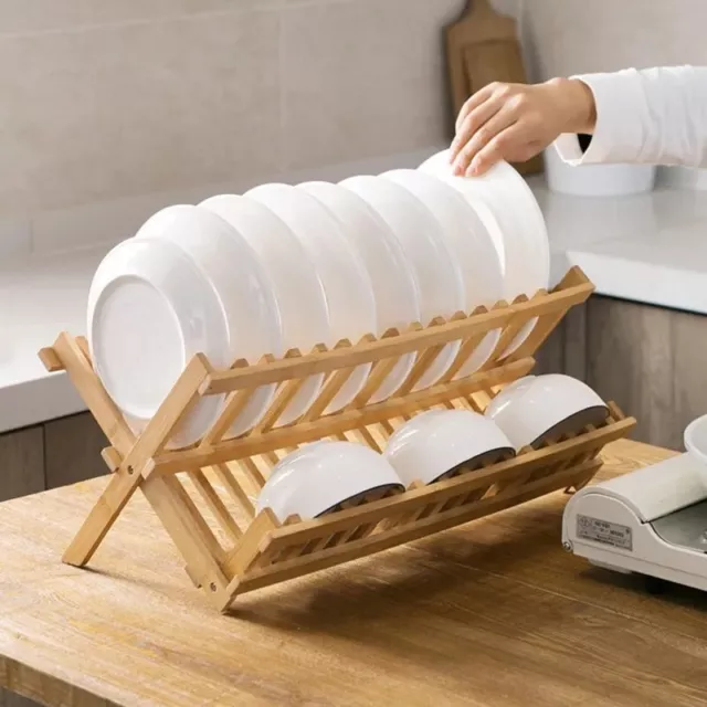 Escurreplatos de bambu Portaplatos plegable organizador de cocina escurridor