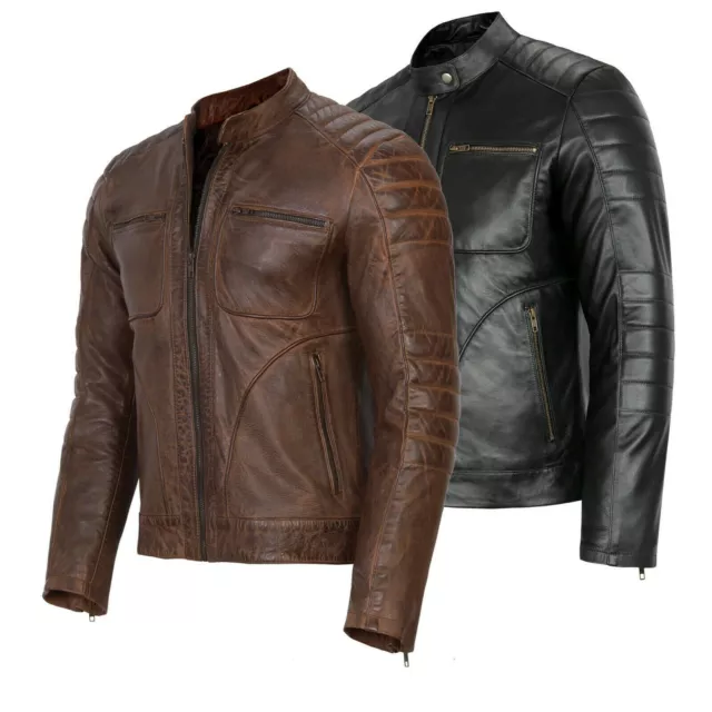 Giacca da uomo vintage Cafe Racer in vera pelle nera marrone slim fit giacca biker