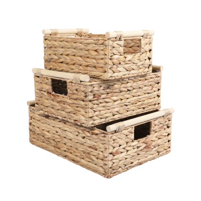 3PCS Natural Water Hyacinth Wicker Storage Organizing Basket  with Wooden Handle