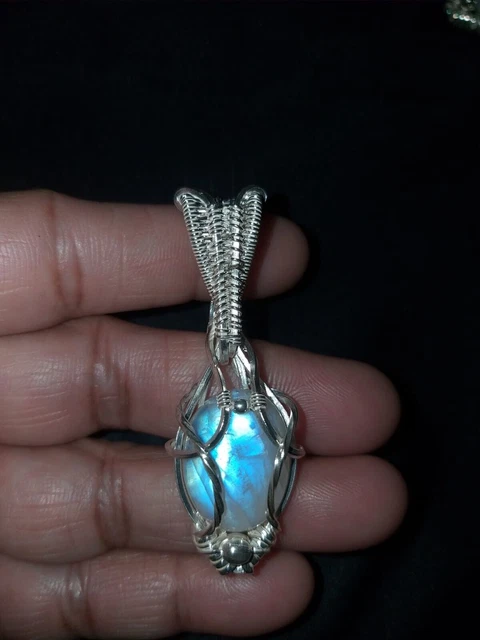Rainbow Moonstone Pendant Silver Plated Copper Wire Blue Flashy Wrapped Jewelry
