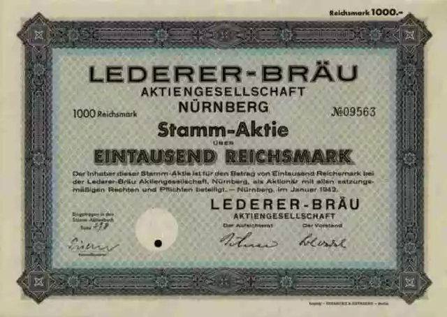 LEDERER BRÄU 1942 Nürnberg Fürth Lauf Wengen Hersbruck 1000 RM Gunzenhausen RAR