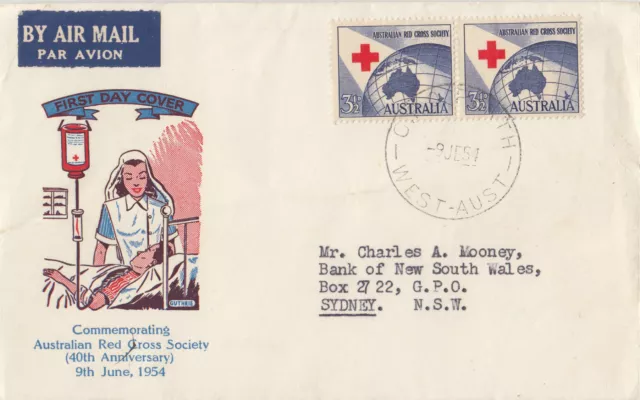 Stamps Australia 1954 Red Cross Society 3&1/2d pair on Guthrie FDC sent airmail