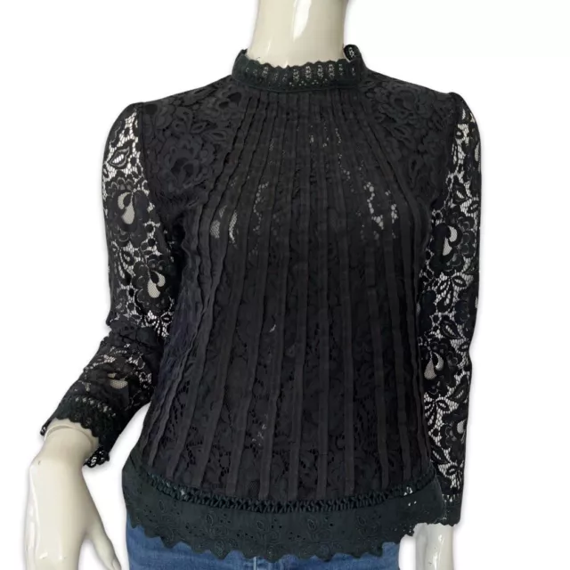 Sandro Paris Lace Black crop top 3/4 Sleeves mock neck Size M/L