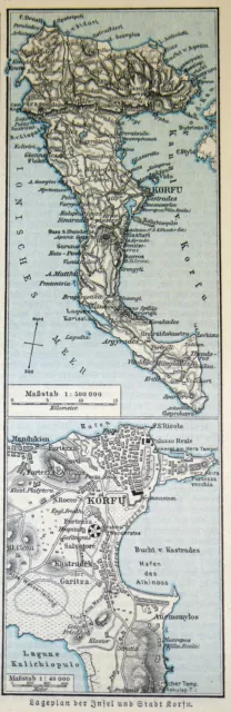 KORFU Lageplan von Insel und Stadt Landkarte  - Druck im Text von 1894 – 127 Jah