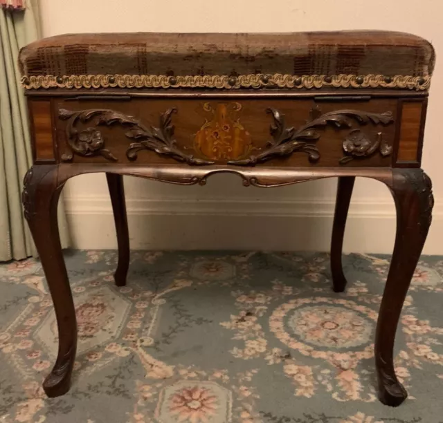 Antique Solid Mahogany Storage Piano Stool with inlay and appliqués. Circa 1900