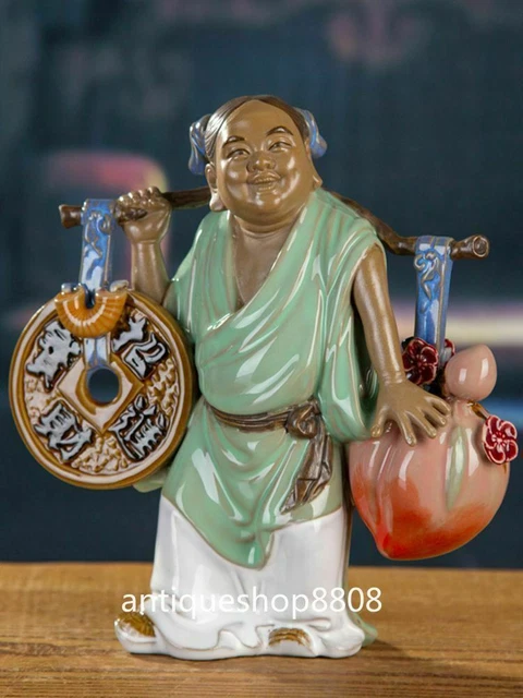 8" Chinese Wucai Porcelain Pottery Man People Money Wealth Peach Figurine Statue