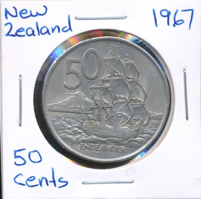 NEW ZEALAND 1967 Fifty Cents 50c Coin (HMS Endeavour) in 2x2 Coin