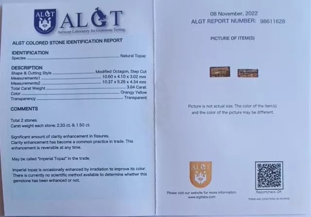 CERTIFICAT ALGT BELGIQUE TOPAZE IMPÉRIALE 3.84 Ct Naturele