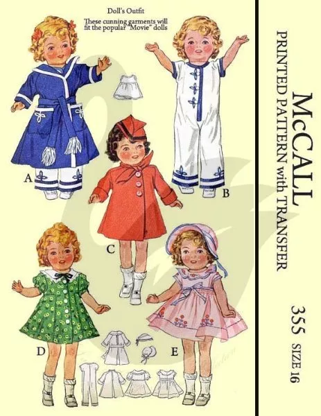 Reproduction Vintage Shirley Temple Doll Clothes Sewing Pattern McCalls 355