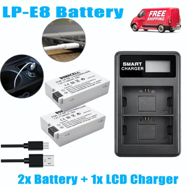 2x LP-E8 Battery Pack + Dual Charger for Canon EOS 700D 600D 550D 650D Rebel Kit