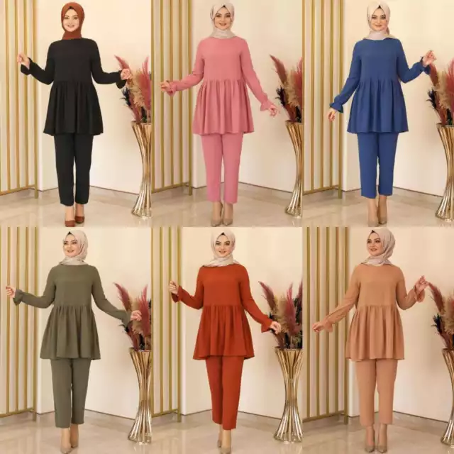 Damen Tunika Anzug Zweiteiler Bluse mit Hose Kombi Hijab Kleidung Modest Dress
