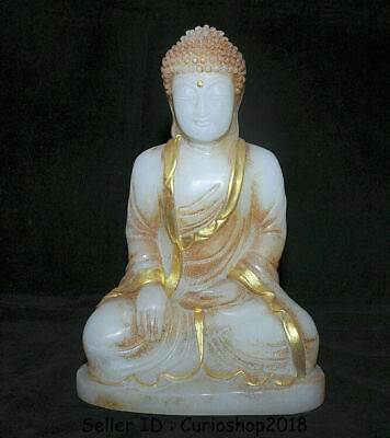 10.8" Old Chinese White Jade Hand Carved Seat Shakyamuni Amitabha Buddha Statue