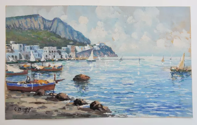 Antique G. BURA Watercolor Gouache Painting Mediterranean Coast Scene