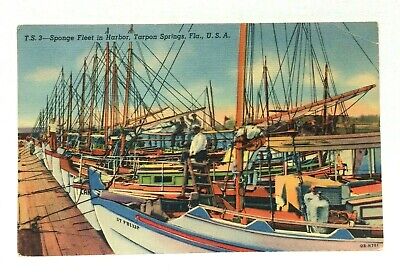 Tarpon Springs Florida FL Sponge Fleet Boats In Harbor Linen Vintage Postcard