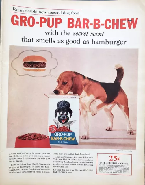 PRINT AD Gro Pup Bar B Chew Dog Food 1962 Kibble Secret Scent Beagle Kellogg
