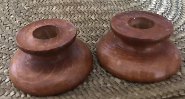 Vintage Pair Matching Short / Low Wooden Rustic Candlesticks / Holders.