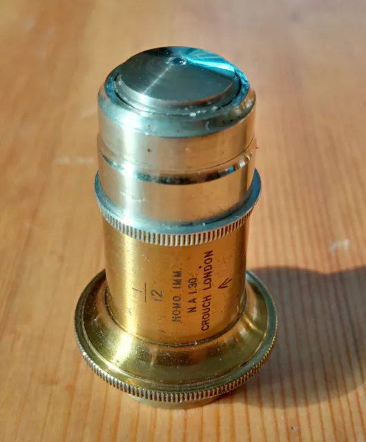 Crouch 1/12 Homo. Imm. N.A. 1.30 Antique Brass Microscope Objective with Arrow