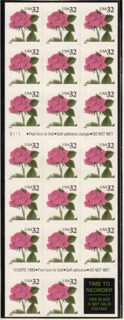 1995 Pink ROSES 32c Sc 2492a mint booklet pane of 20, plate number S111