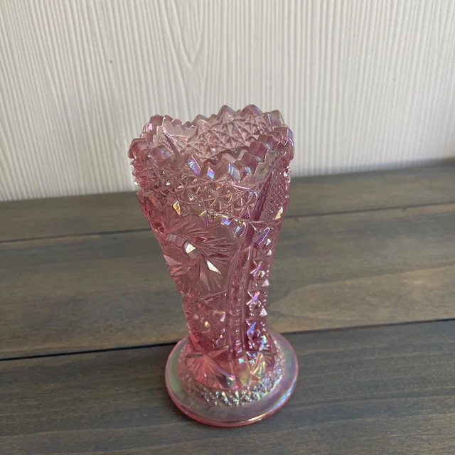 Vintage Le Smith Aztec Heritage Pink Carnival Glass Vase 6” Tall (SH)
