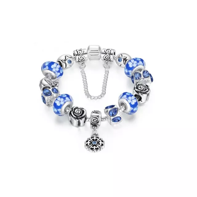 18K White Gold Plated Blue Flower Crystal CZ Charm Bracelet Made with Swarovski