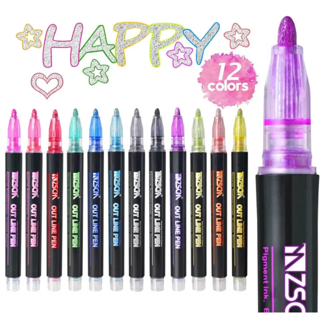 12-Color Outline Metallic Double Line Marker Pen Writing Drawing Highlighter d