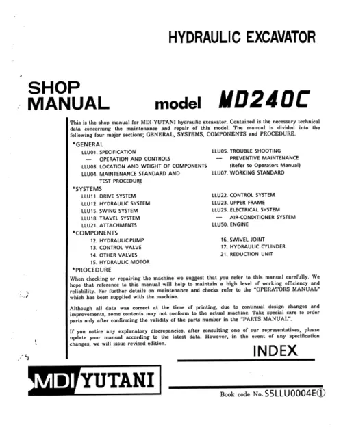 Kobelco Md240C Hydraulic Excavator Service Manual Comb Binded