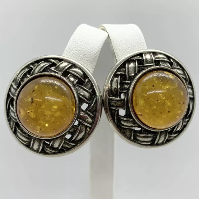 Vtg Ben Amun Statement Earrings Amber Cabochon Silver Basket Weave Large Clip