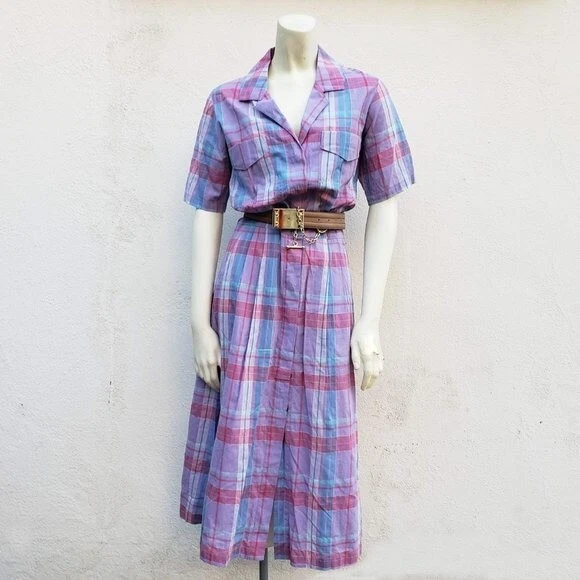Creatures of Comfort Women's Plaid Midi Dress Short Sleeve Cotton Purple Size 2
