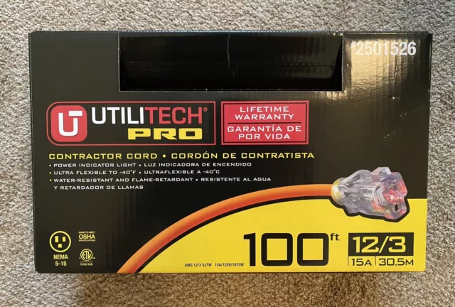 UTILITECH PRO 100FT 12/3 15A Contractors Outdoor Extension Cord