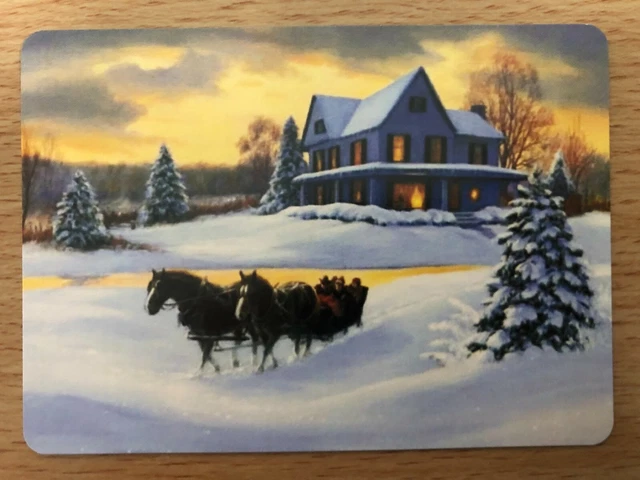 American Swap Playing Card: Shire Horses Drawn Cart Sleigh & Snow Cottage Scene