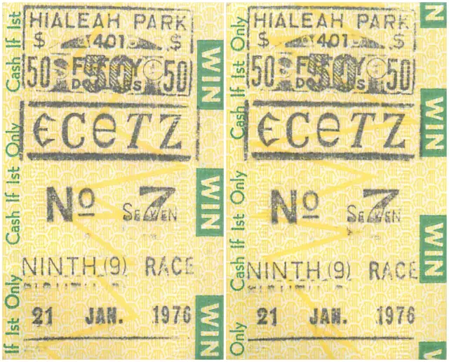 Hialeah Race Track Lot of Two $50 Tickets to Win Vintage 9th Race January 1976