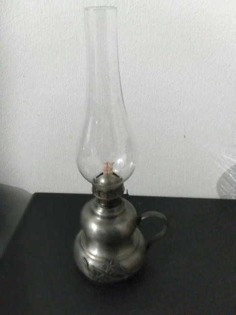 ② lampe a petrole vintage etain verre et faience verte - Antiquités | Éclairage