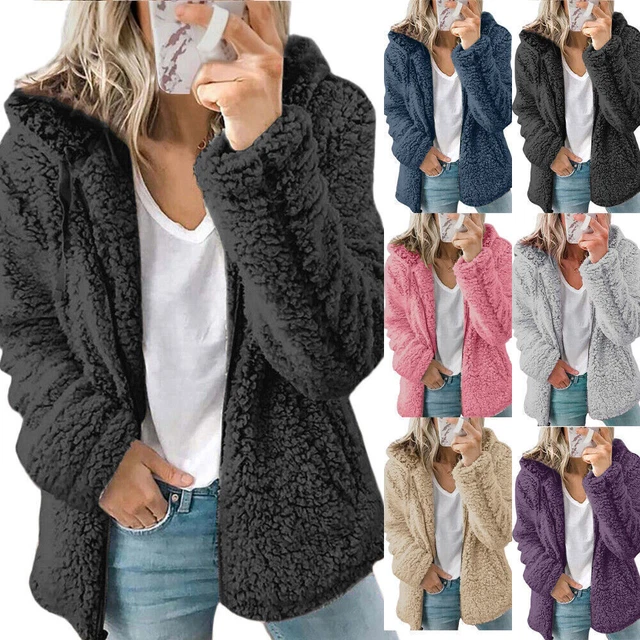 Womens Soft Teddy Bear Fluffy Coat Ladies Fleece Zipper Winter Jacket Outerwear