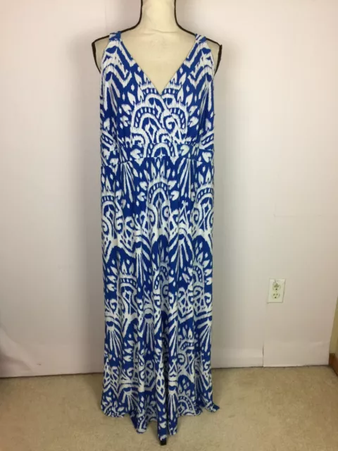 INC International Concepts Maxi Dress 1X Women Plus Blue White V-neck Sleeveless 2